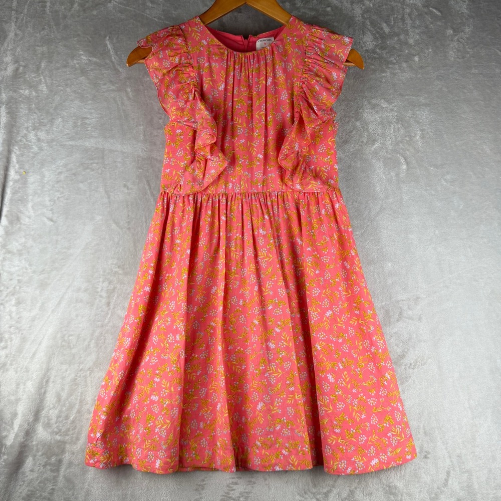 Crewcuts Girls Pink Floral Ruffle Fit & Flare Cotton Dress Size 12 Sleeveless